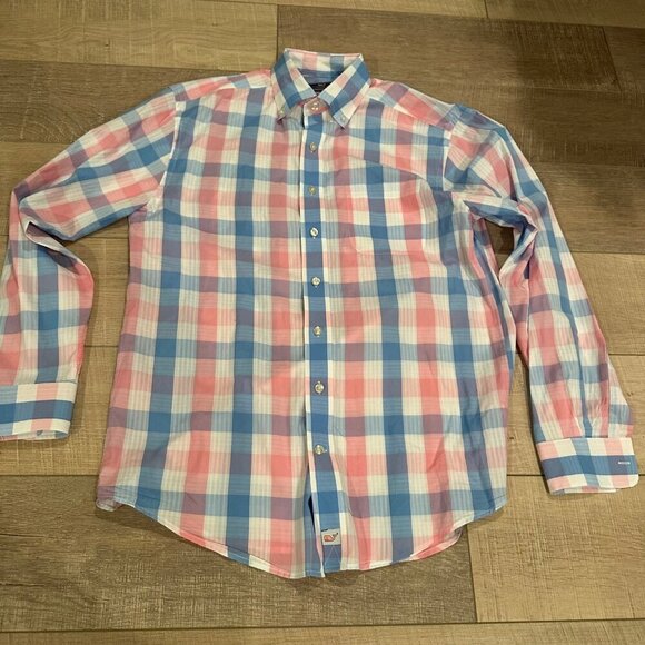 VINEYARD VINES CLASSIC FIT MURRAY SHIRT BLUE AND PINK PLAID MEDIUM - Picture 1 of 6